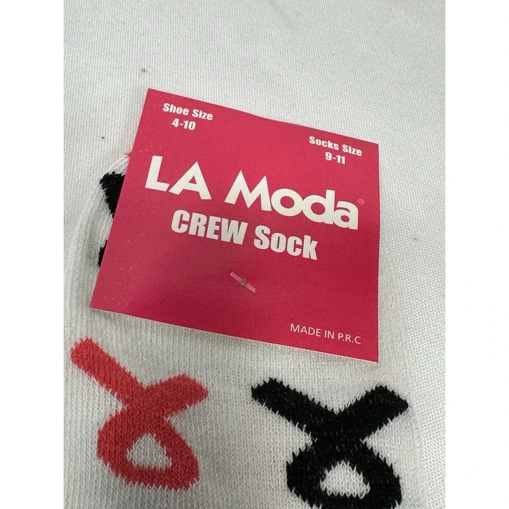 LA moda womens high crew sock shoe size 4-10 sock size‎ 9-11 pink black ribbon